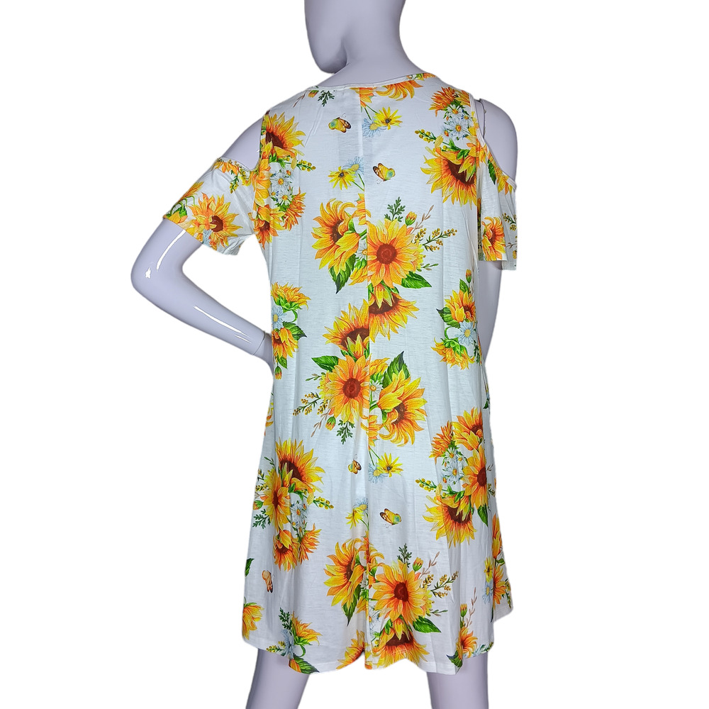 Pinup Fashion Mini Dress Size Medium White with Sunflower Print Lace Up Neckline - Picture 4 of 8